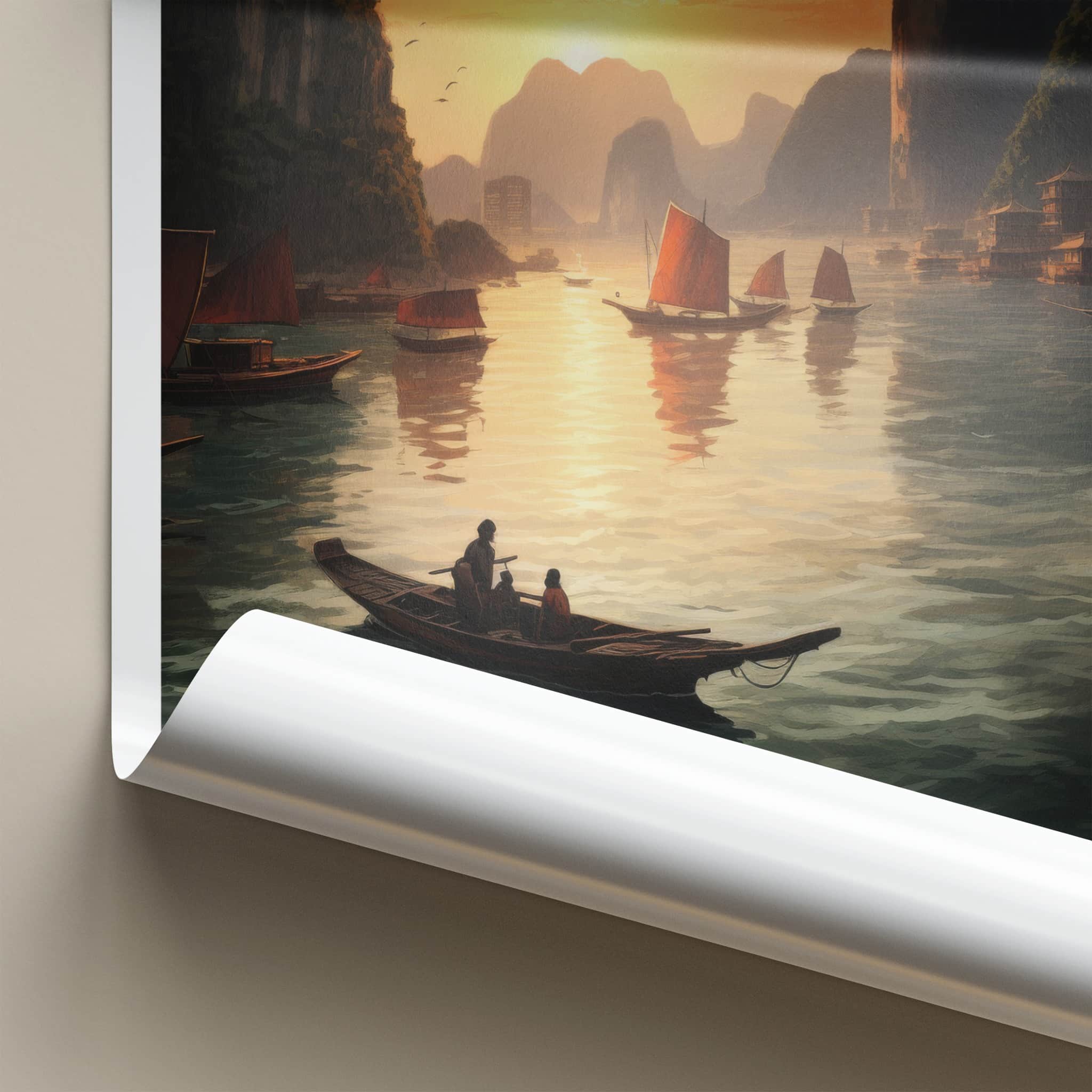 Ha Long Bay Poster - Vietnam Travel Art - Sunset Bay Boats Home Decor