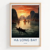 Ha Long Bay Poster - Vietnam Travel Art - Sunset Bay Boats Home Decor