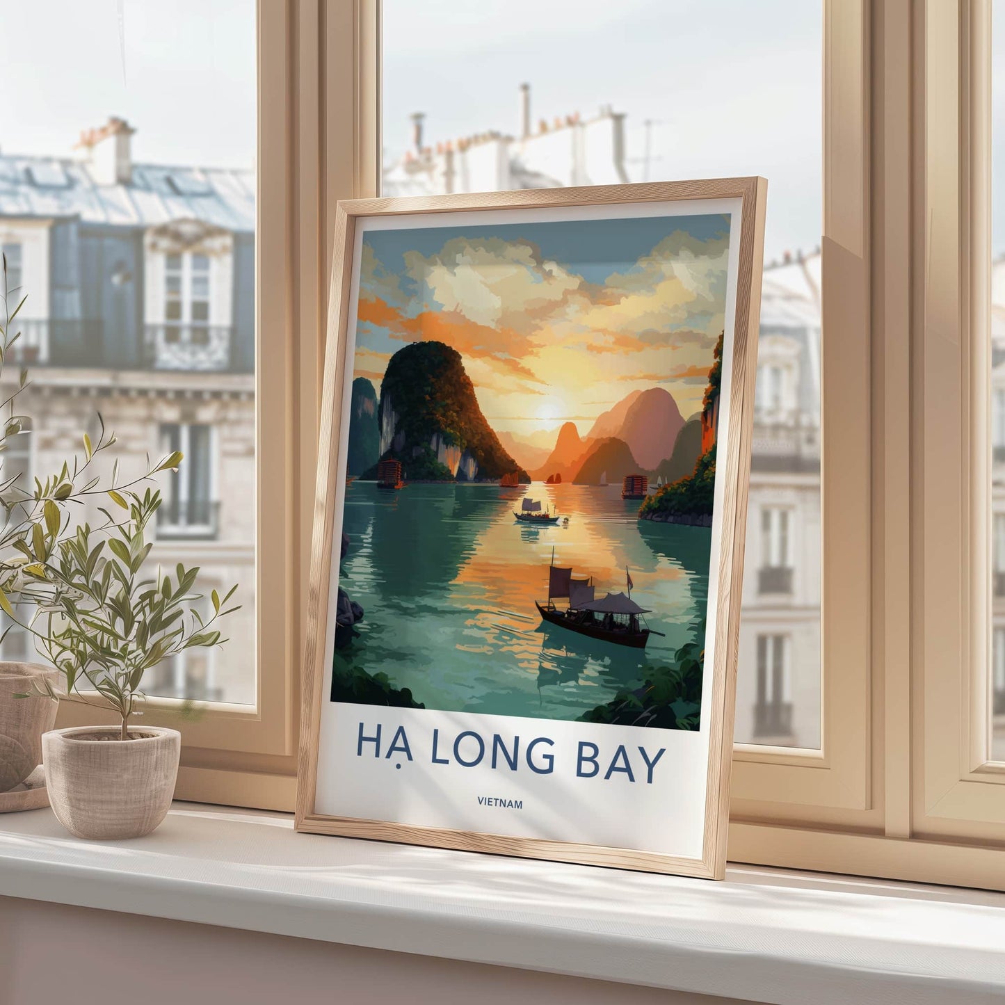 Ha Long Bay Poster - Vietnam Travel Art - Sunset Limestone Boats Home Decor