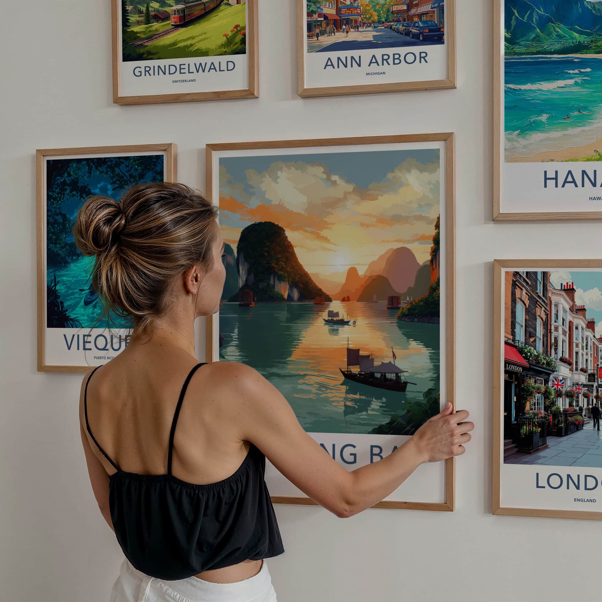 Ha Long Bay Poster - Vietnam Travel Art - Sunset Limestone Boats Home Decor