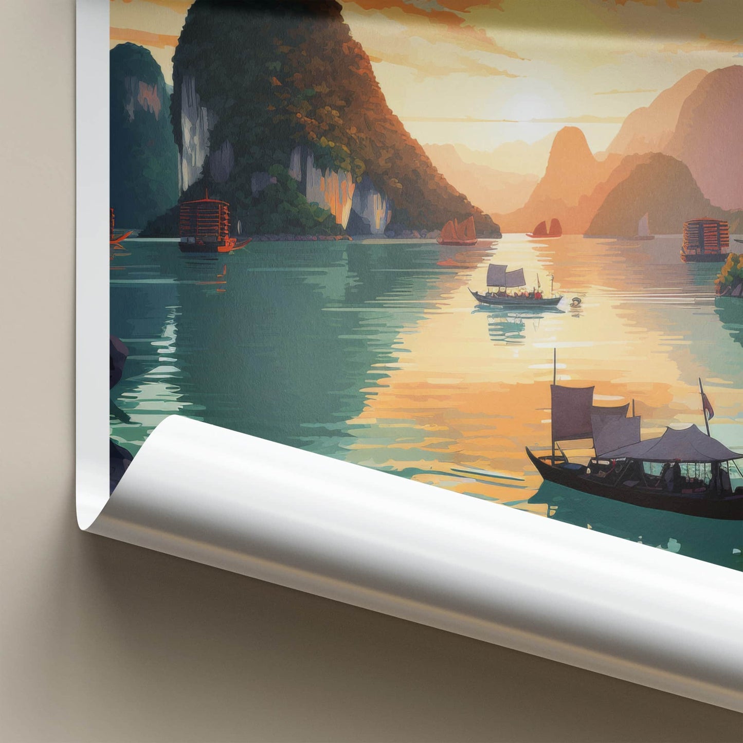 Ha Long Bay Poster - Vietnam Travel Art - Sunset Limestone Boats Home Decor