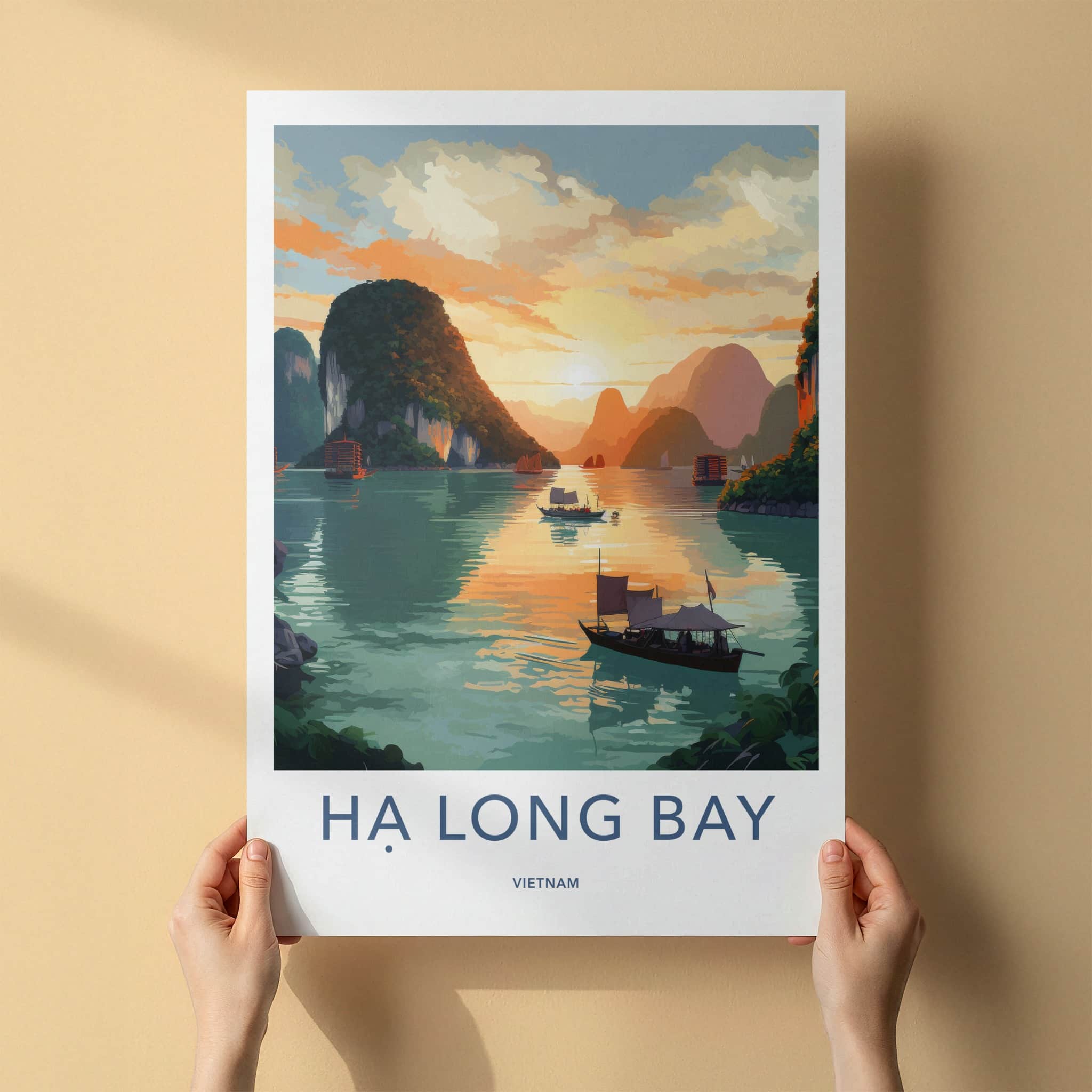 Ha Long Bay Poster - Vietnam Travel Art - Sunset Limestone Boats Home Decor