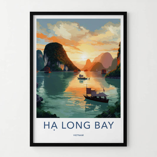 Ha Long Bay Poster - Vietnam Travel Art - Sunset Limestone Boats Home Decor