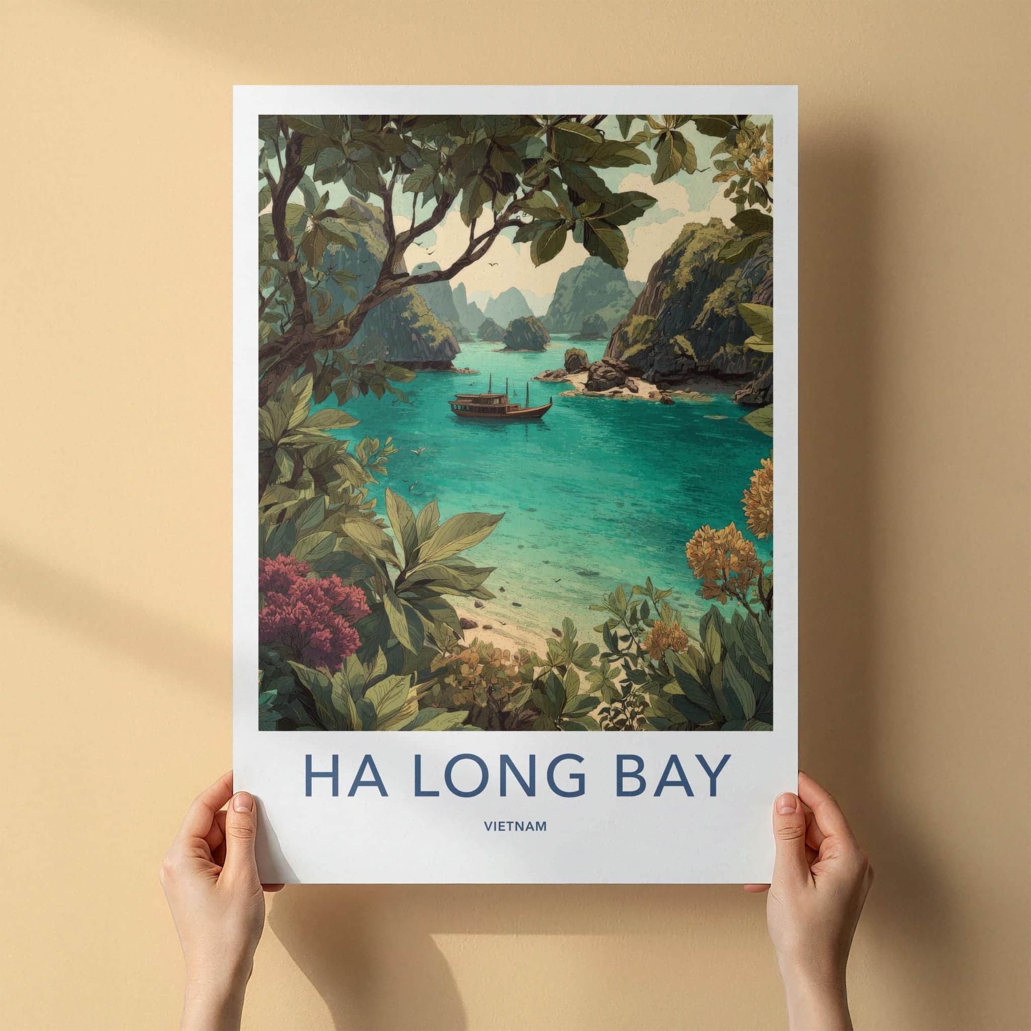 Ha Long Bay Poster - Vietnam Travel Art - Tropical Boat Scene Home Decor