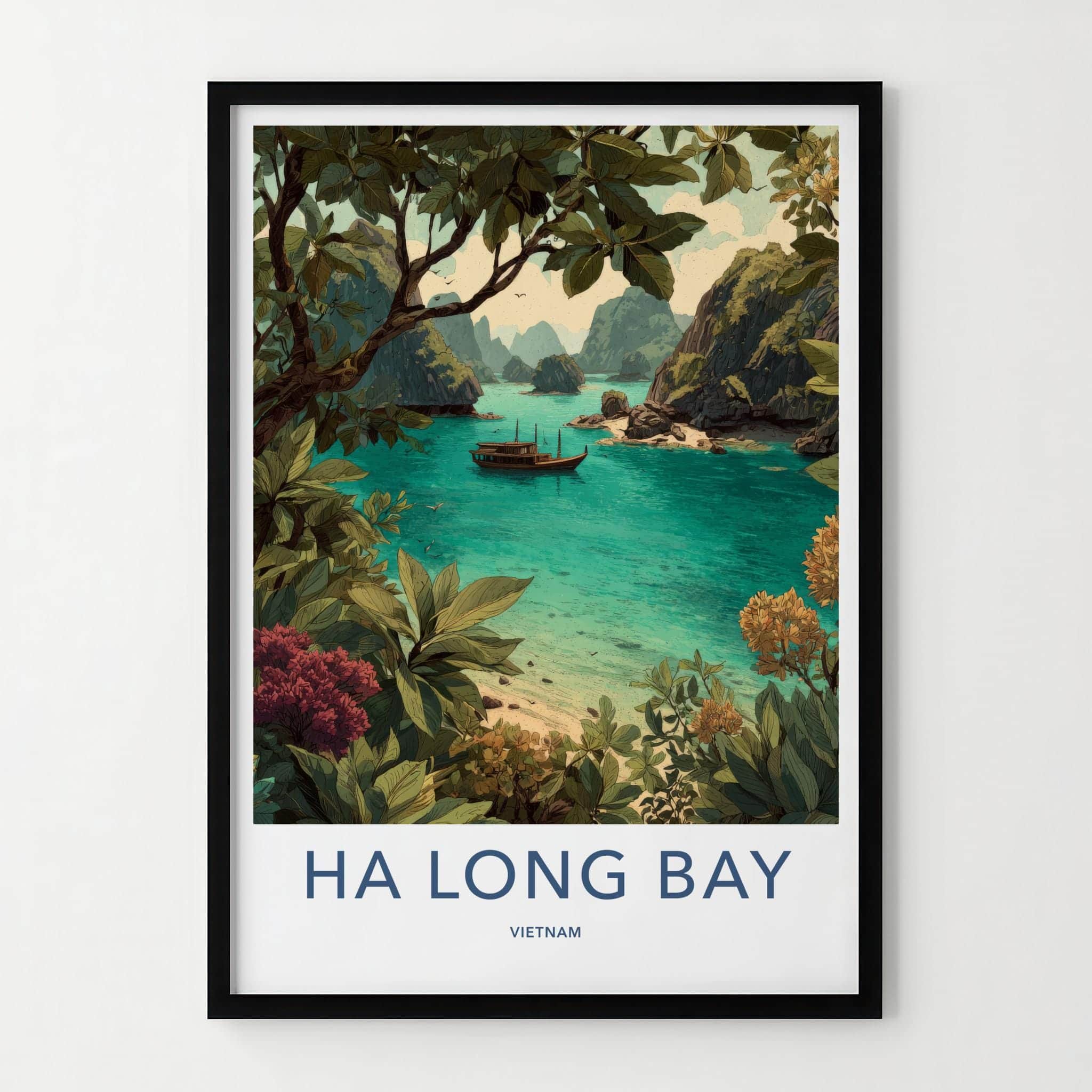 Ha Long Bay Poster - Vietnam Travel Art - Tropical Boat Scene Home Decor