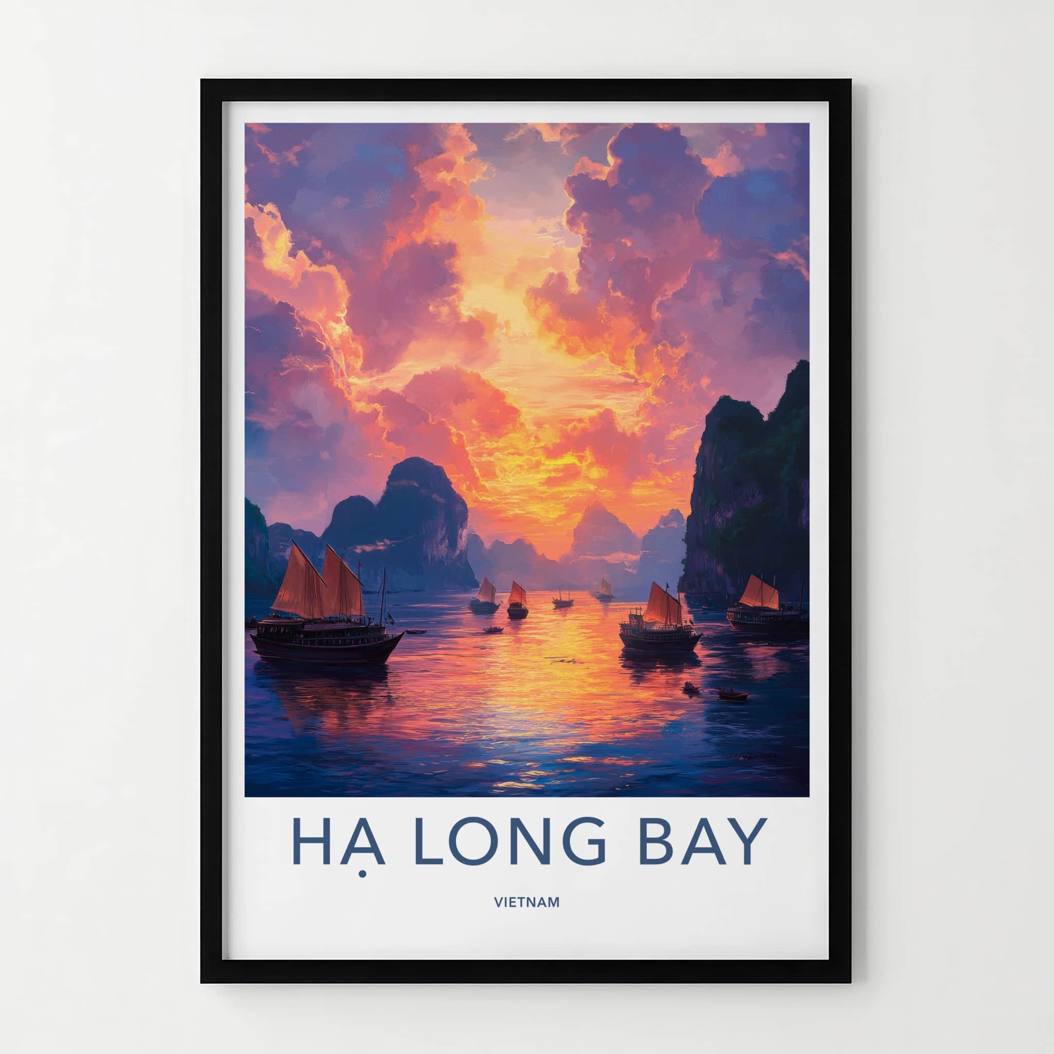 Ha Long Bay Poster - Vietnam Travel Art - Vibrant Sunset Boats Home Decor