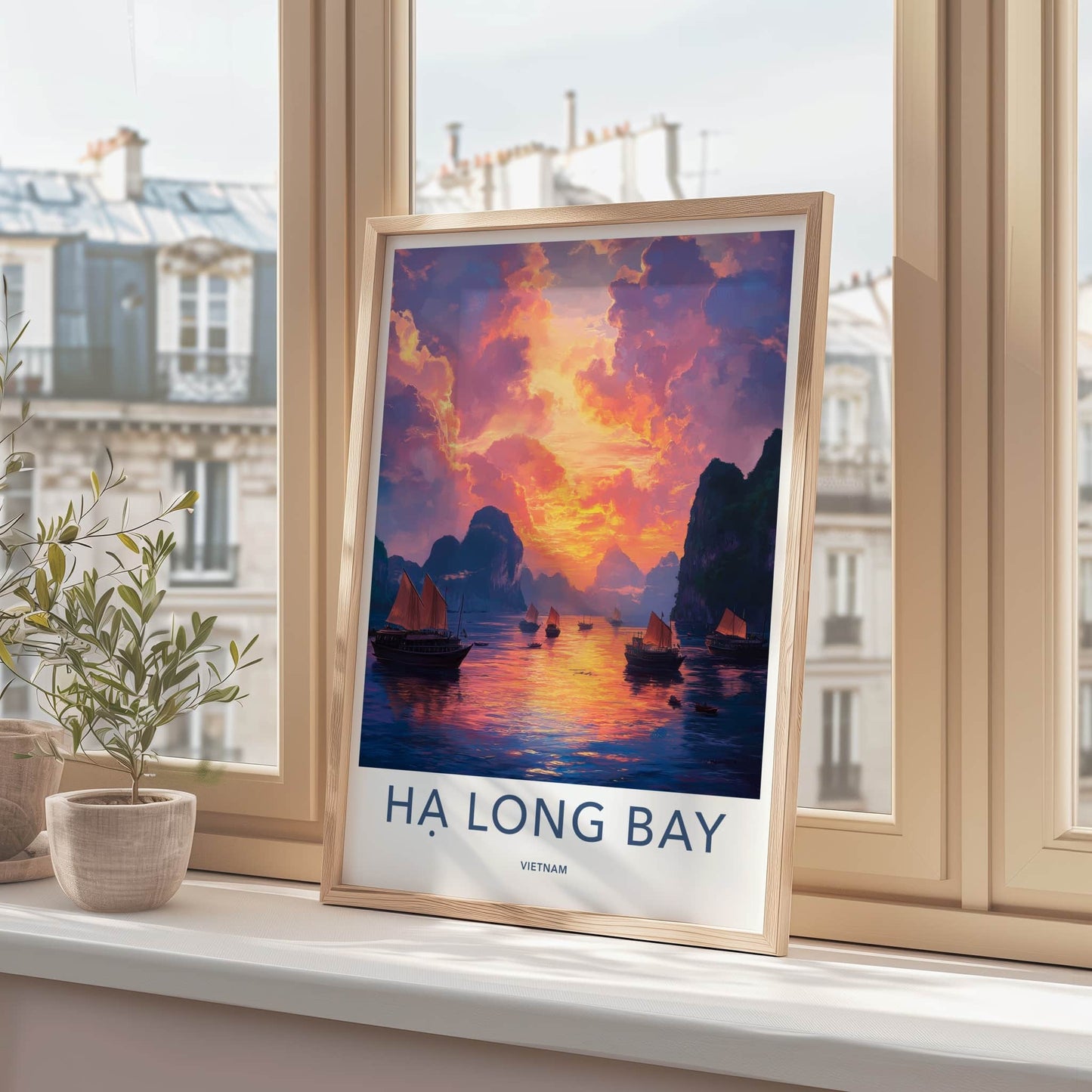 Ha Long Bay Poster - Vietnam Travel Art - Vibrant Sunset Boats Home Decor