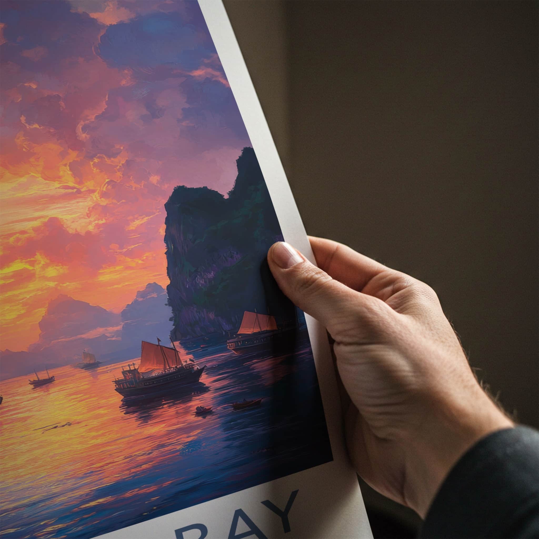 Ha Long Bay Poster - Vietnam Travel Art - Vibrant Sunset Boats Home Decor