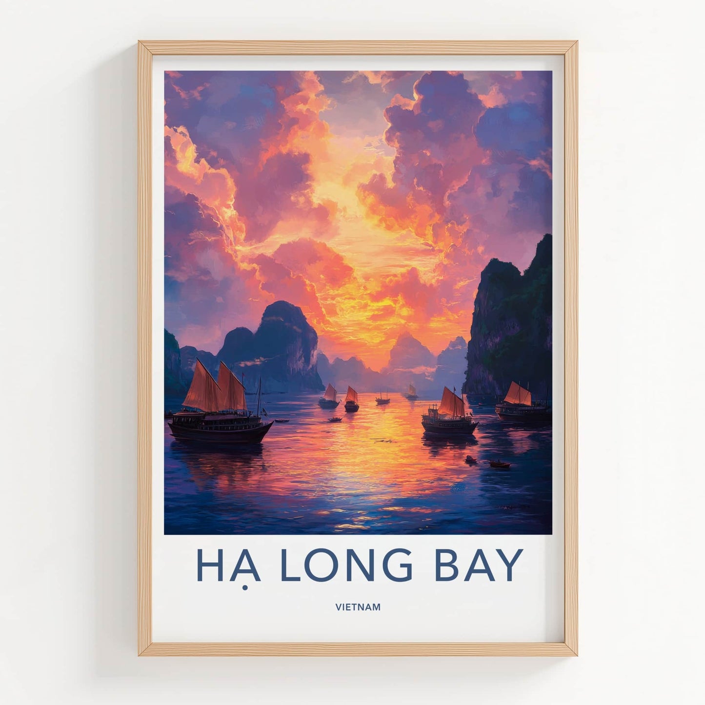 Ha Long Bay Poster - Vietnam Travel Art - Vibrant Sunset Boats Home Decor