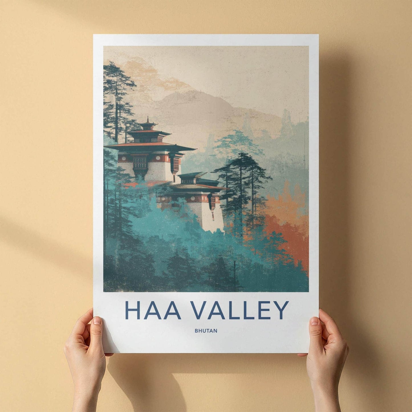 Haa Valley Poster - Bhutan Travel Art - Misty Forest Monastery Home Decor