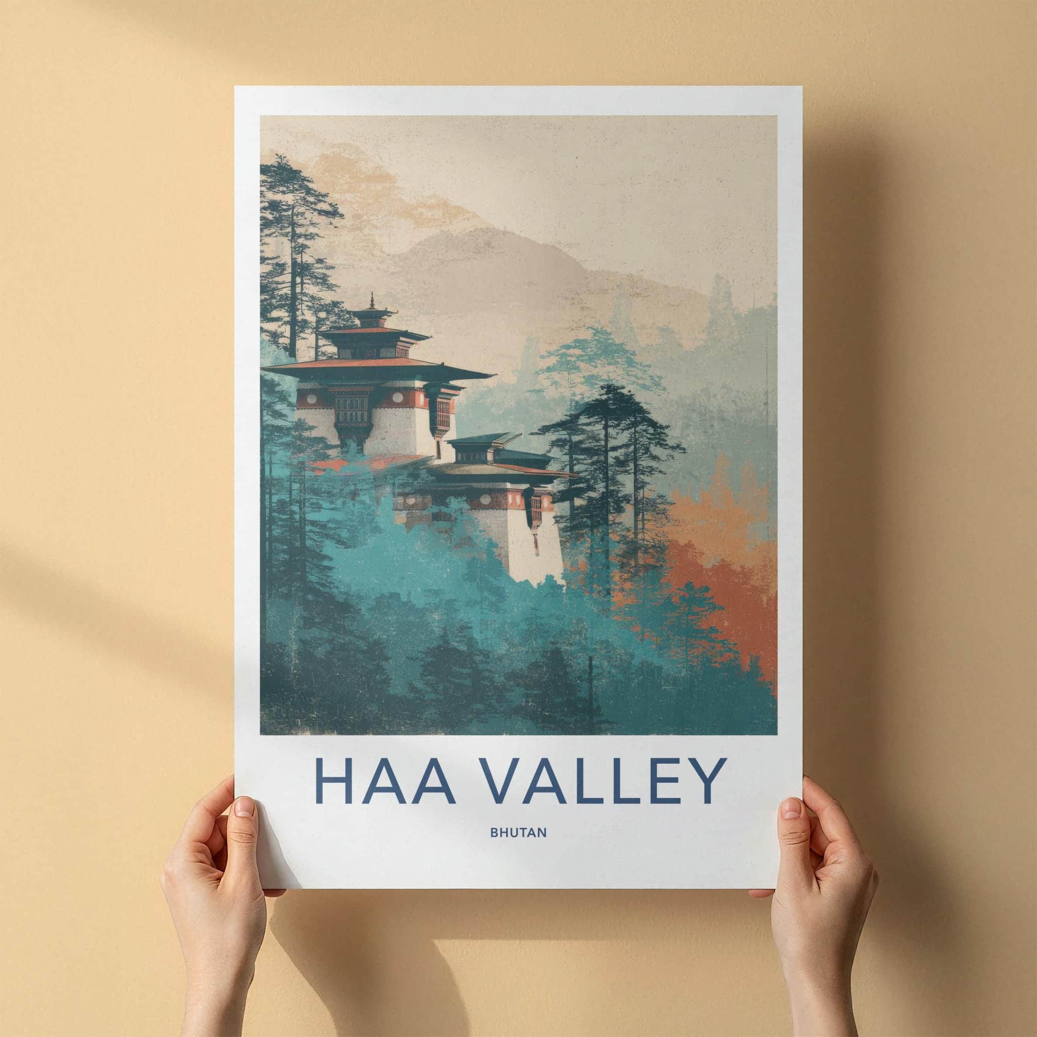 Haa Valley Poster - Bhutan Travel Art - Misty Forest Monastery Home Decor