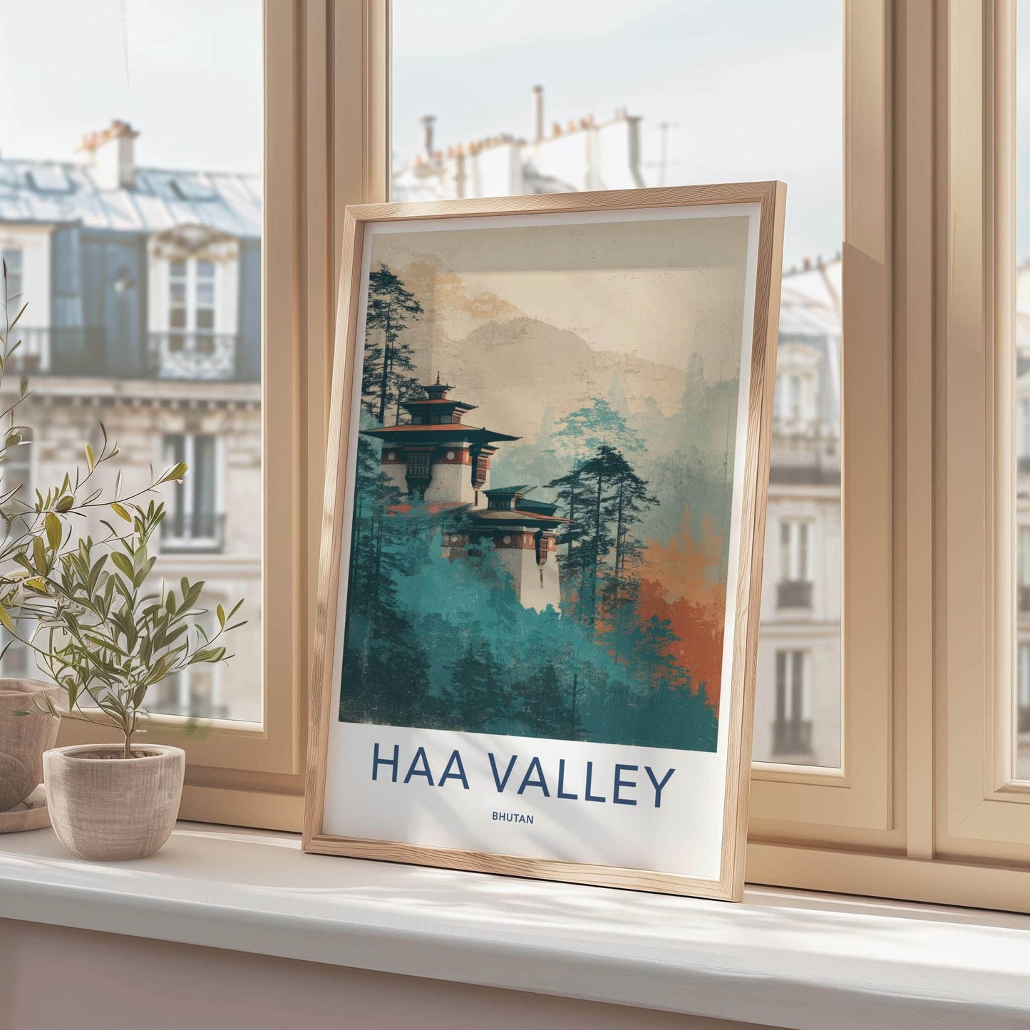 Haa Valley Poster - Bhutan Travel Art - Misty Forest Monastery Home Decor