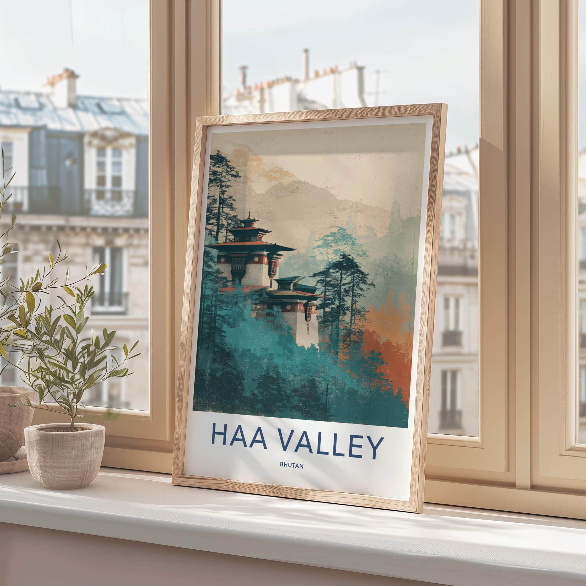 Haa Valley Poster - Bhutan Travel Art - Misty Forest Monastery Home Decor