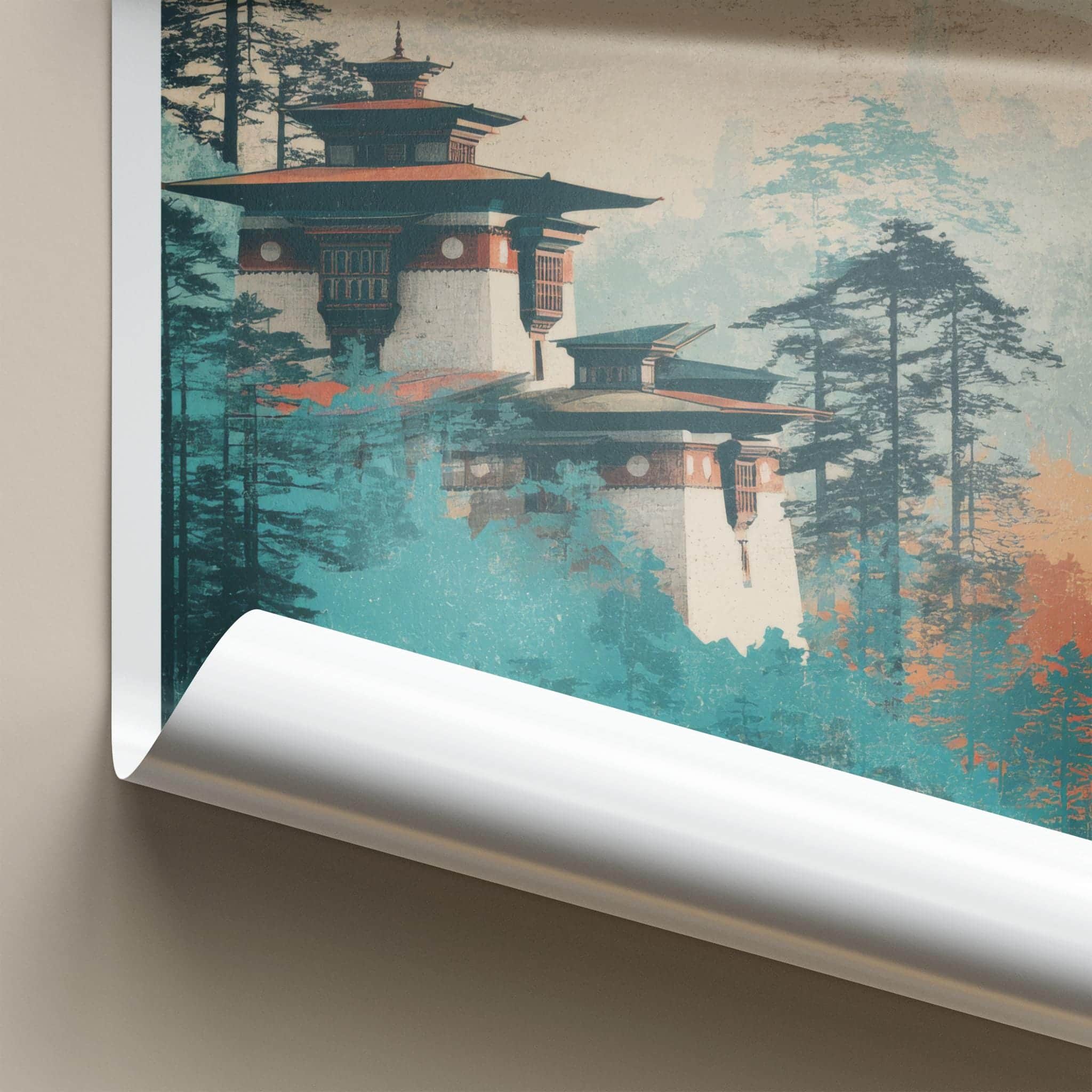 Haa Valley Poster - Bhutan Travel Art - Misty Forest Monastery Home Decor