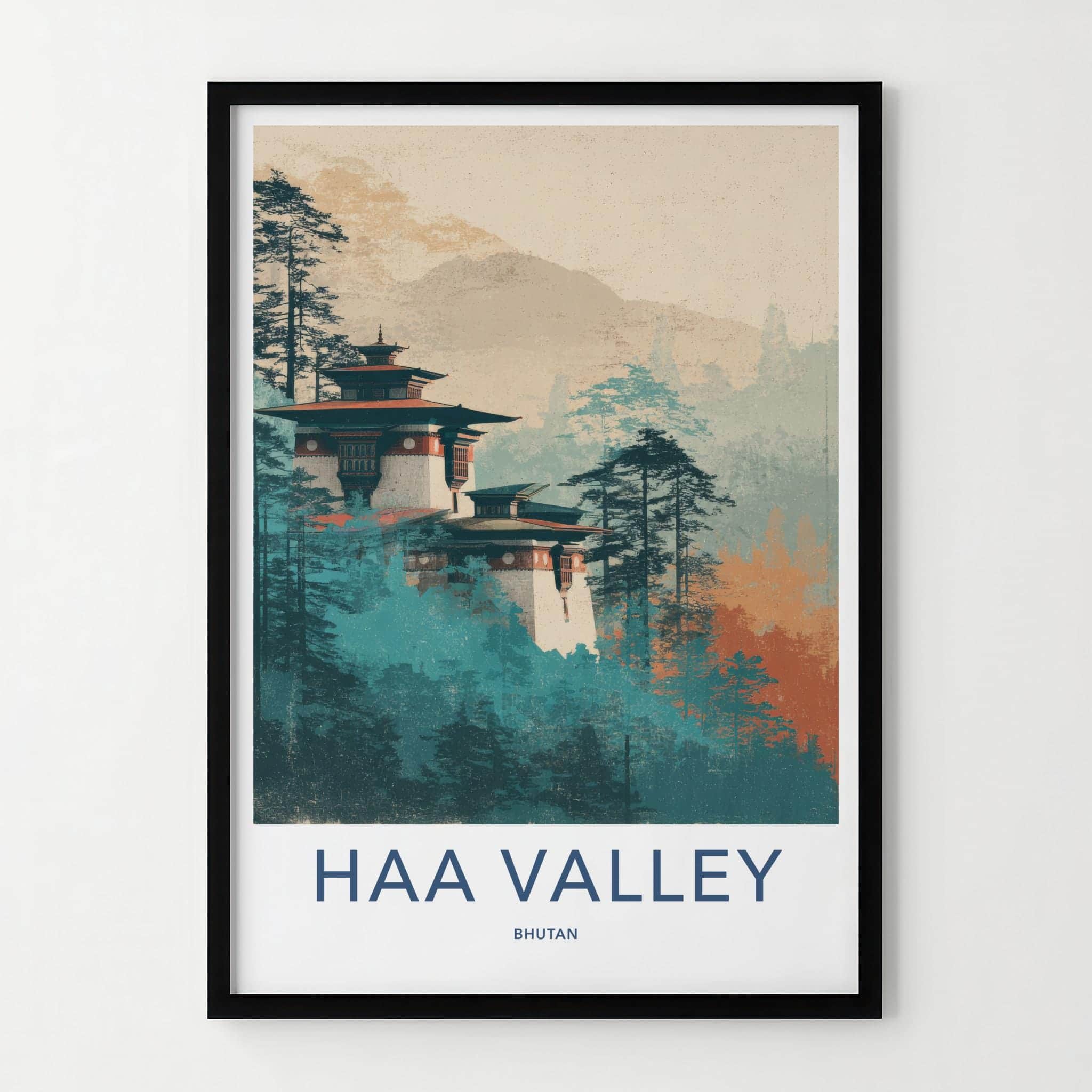 Haa Valley Poster - Bhutan Travel Art - Misty Forest Monastery Home Decor
