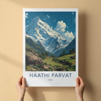 Haathi Parvat Poster - India Travel Art - Uttarakhand Snowy Peaks Valley Home Decor