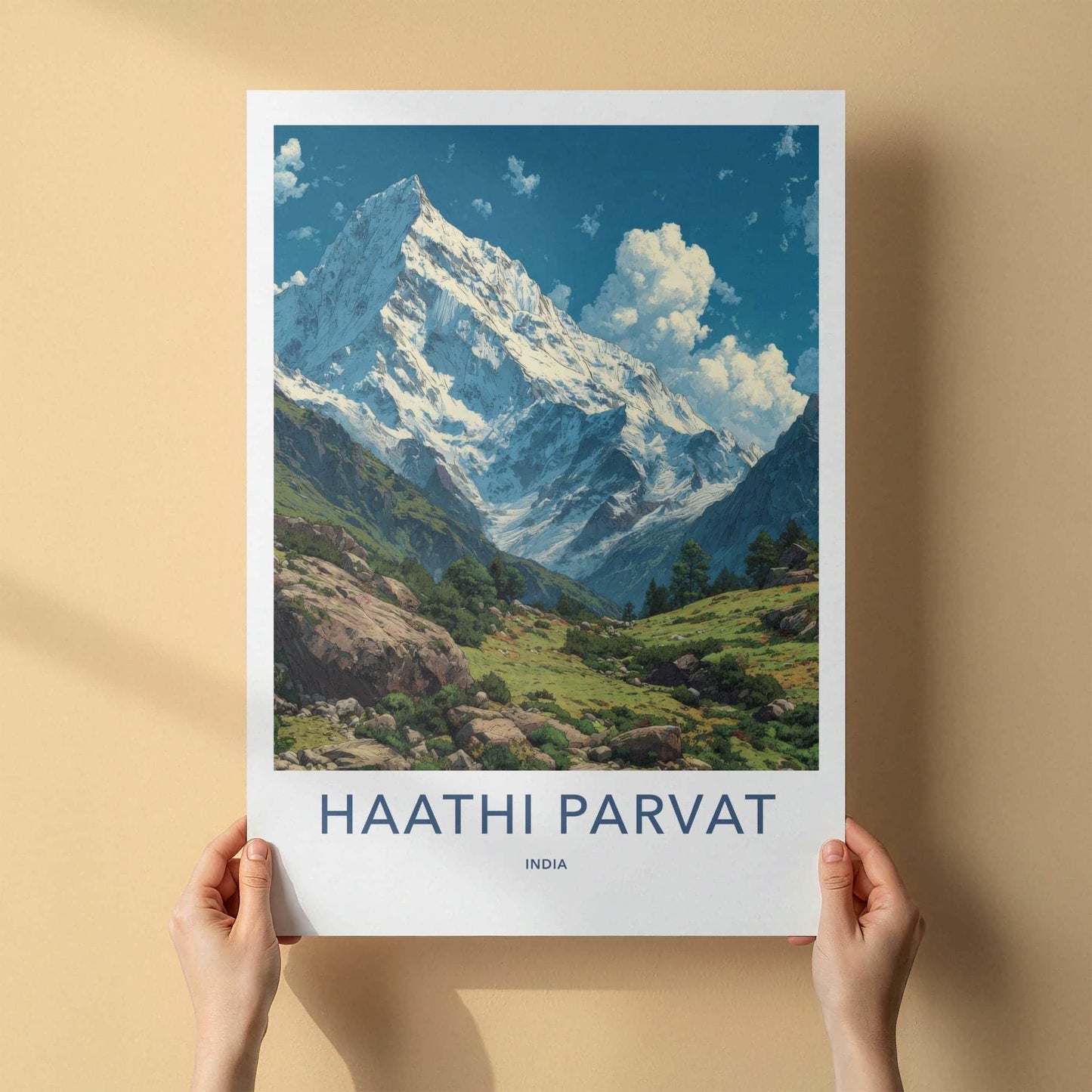 Haathi Parvat Poster - India Travel Art - Uttarakhand Snowy Peaks Valley Home Decor