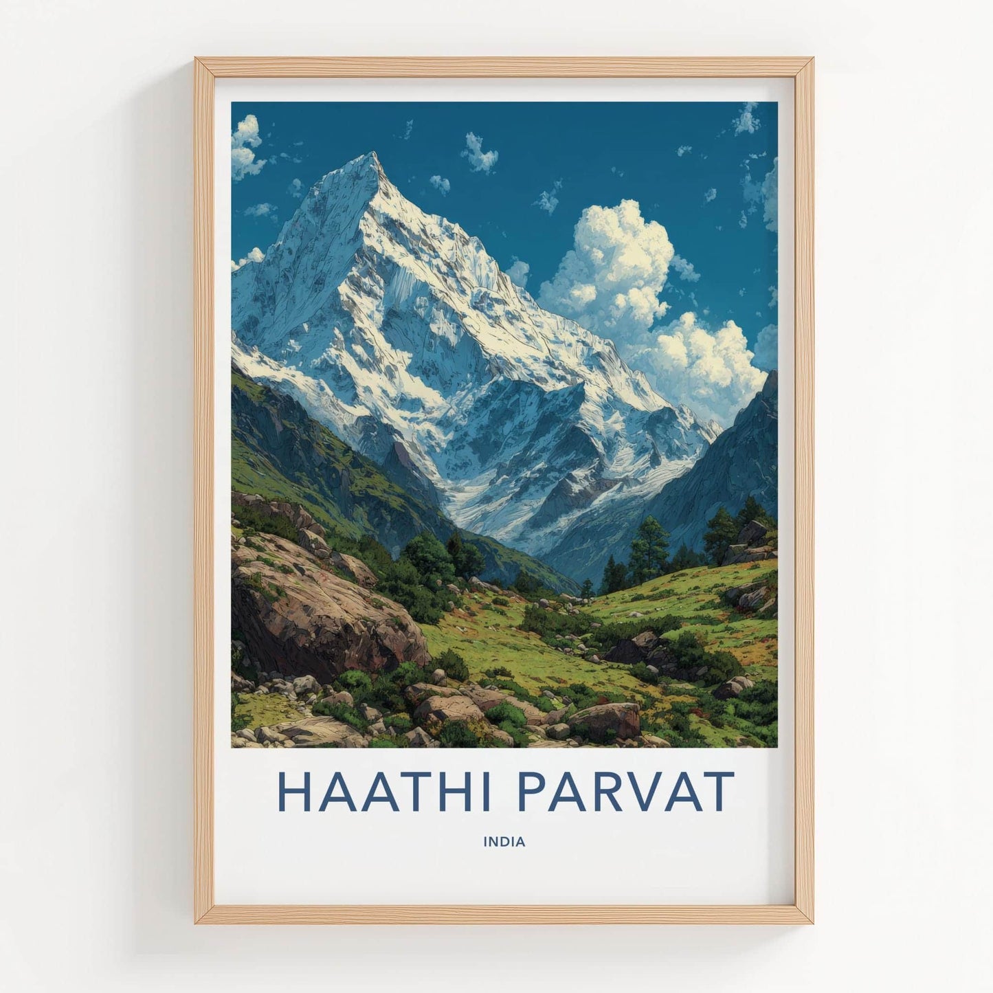 Haathi Parvat Poster - India Travel Art - Uttarakhand Snowy Peaks Valley Home Decor