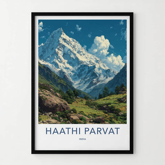 Haathi Parvat Poster - India Travel Art - Uttarakhand Snowy Peaks Valley Home Decor