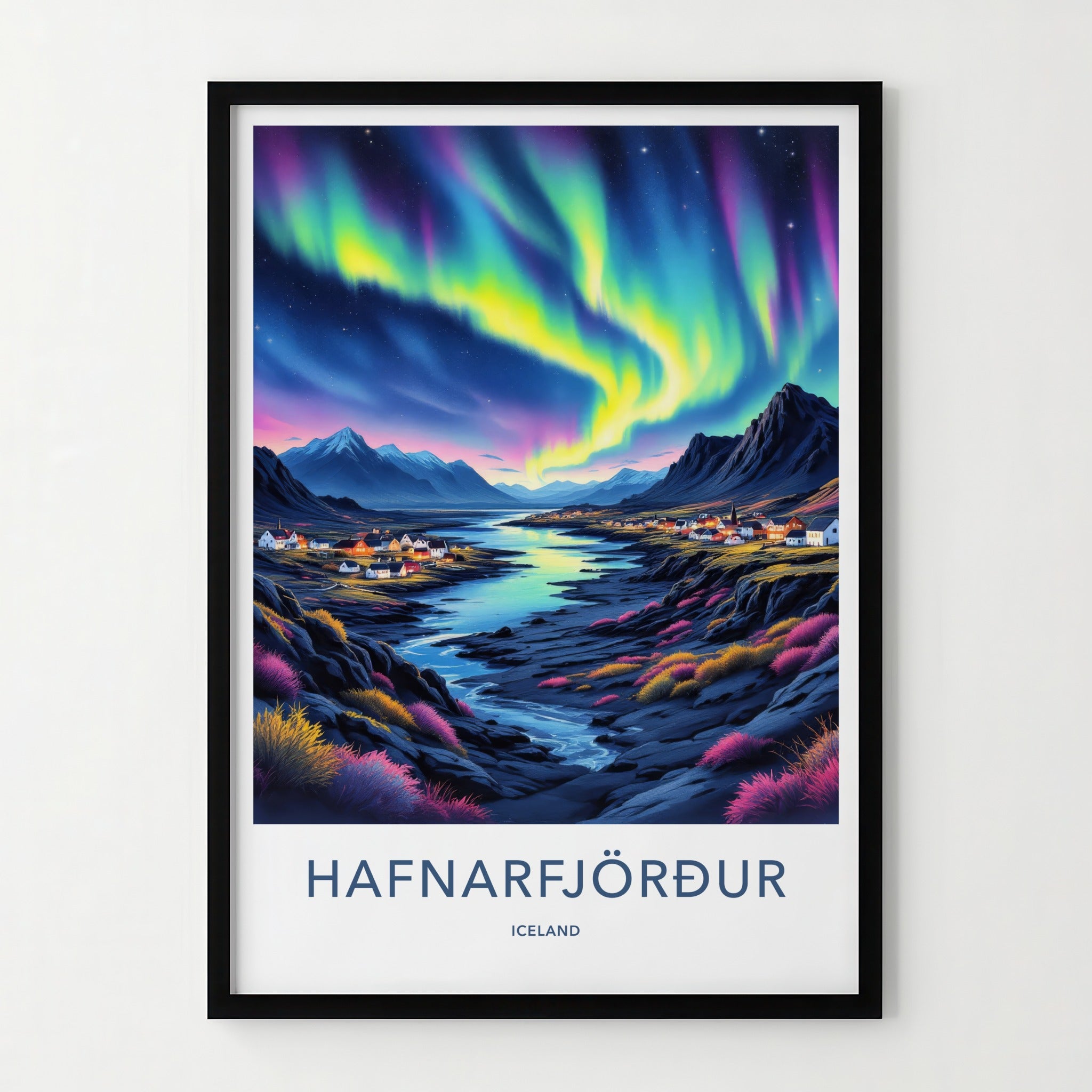 Hafnarfjordur Poster - Iceland Travel Art - Aurora Town Mountains Home Decor