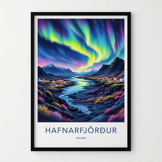 Hafnarfjordur Poster - Iceland Travel Art - Aurora Town Mountains Home Decor