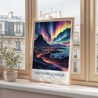 Hafnarfjordur Poster - Iceland Travel Art - Vibrant Aurora Sky Home Decor