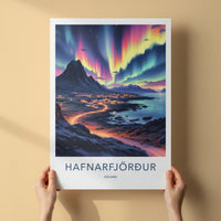 Hafnarfjordur Poster - Iceland Travel Art - Vibrant Aurora Sky Home Decor
