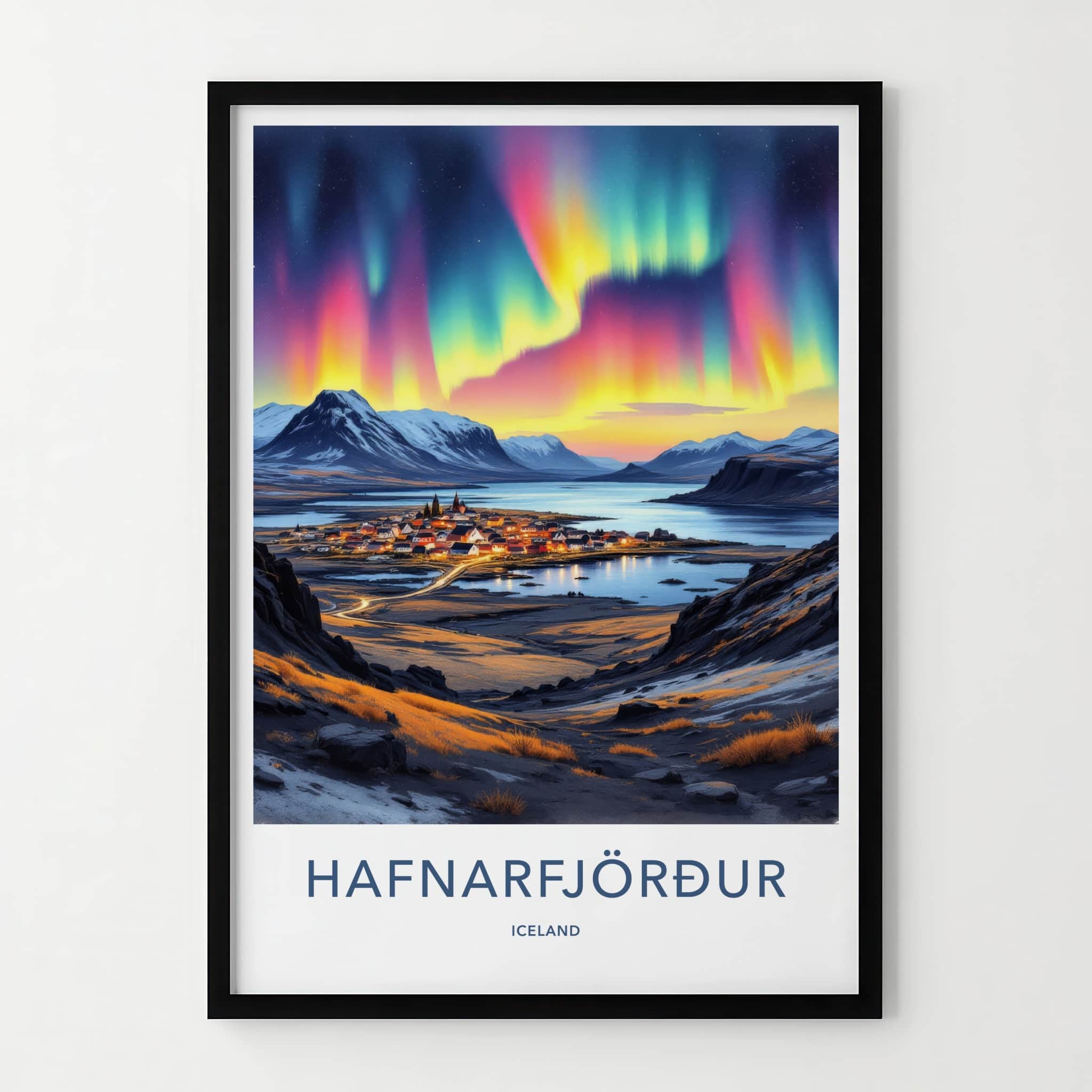 Hafnarfjordur Poster - Iceland Travel Art - Vibrant Northern Lights Home Decor