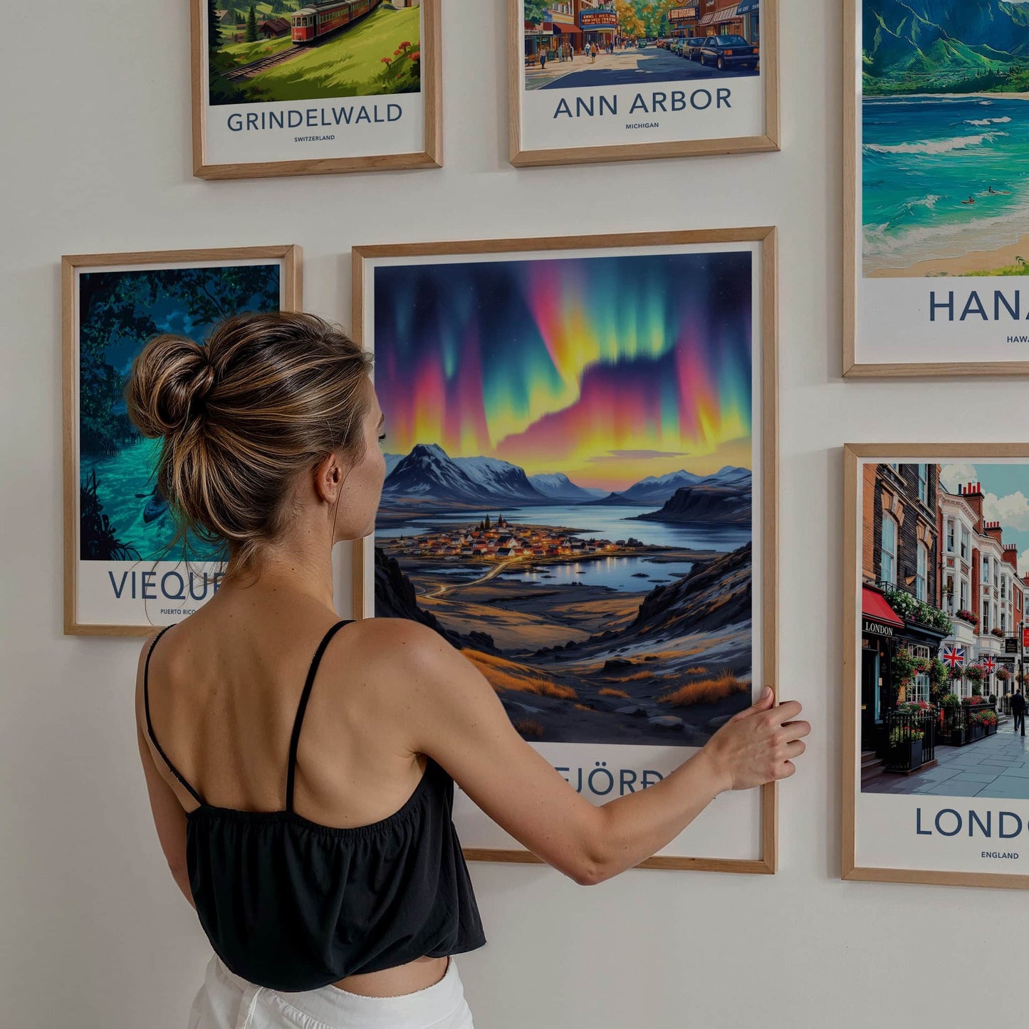 Hafnarfjordur Poster - Iceland Travel Art - Vibrant Northern Lights Home Decor