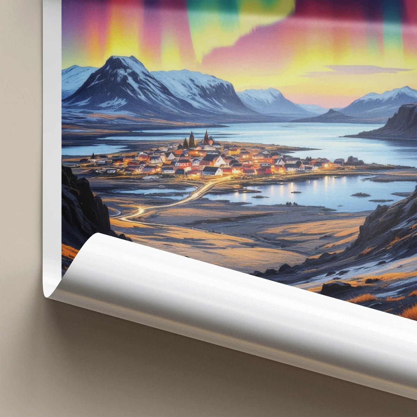 Hafnarfjordur Poster - Iceland Travel Art - Vibrant Northern Lights Home Decor