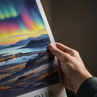 Hafnarfjordur Poster - Iceland Travel Art - Vibrant Northern Lights Home Decor