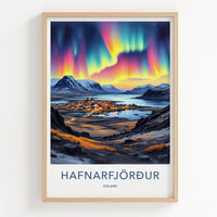 Hafnarfjordur Poster - Iceland Travel Art - Vibrant Northern Lights Home Decor