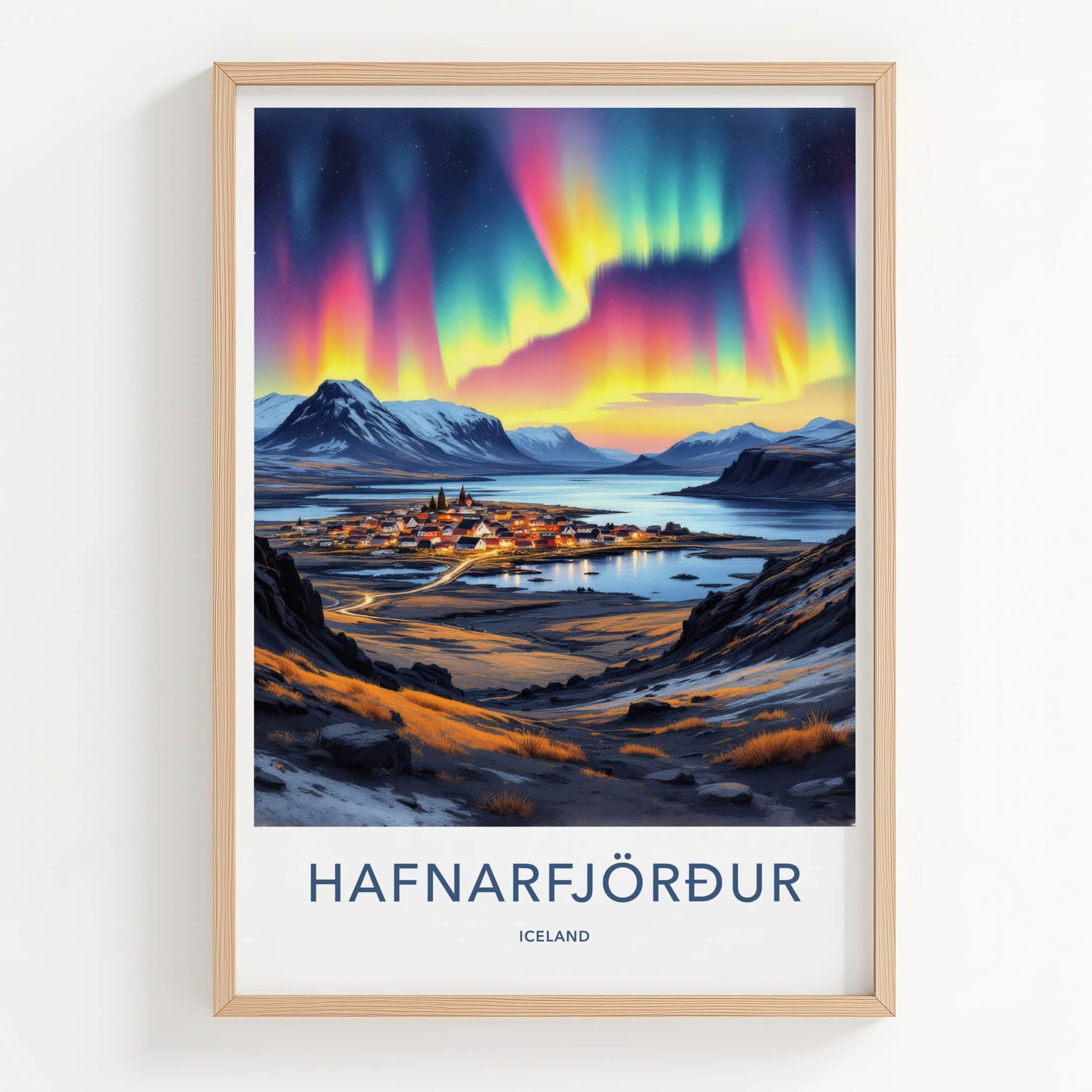 Hafnarfjordur Poster - Iceland Travel Art - Vibrant Northern Lights Home Decor