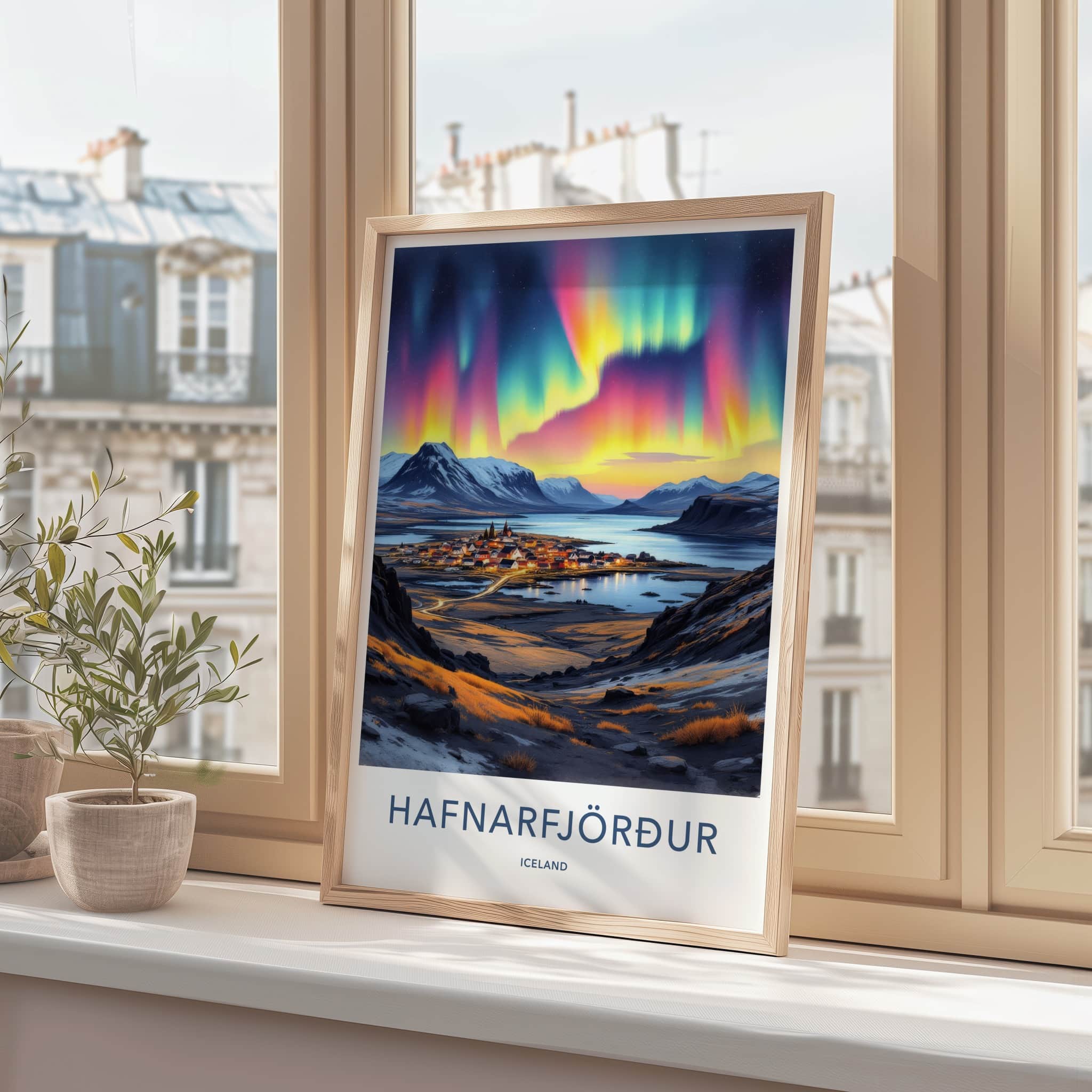 Hafnarfjordur Poster - Iceland Travel Art - Vibrant Northern Lights Home Decor
