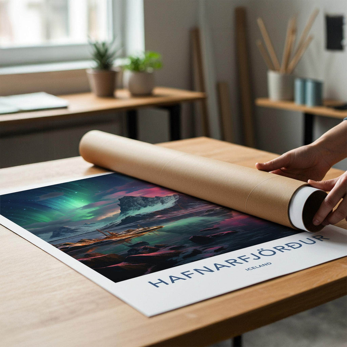 Hafnarfjörður Poster - Iceland Wall Art With Northern Lights & Scenic