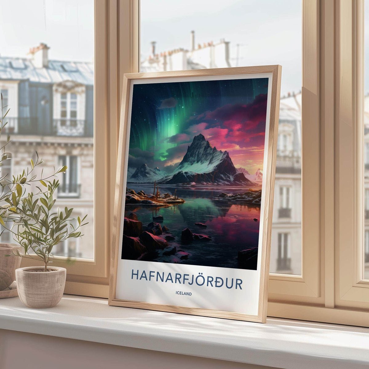Hafnarfjörður Poster - Iceland Wall Art With Northern Lights & Scenic