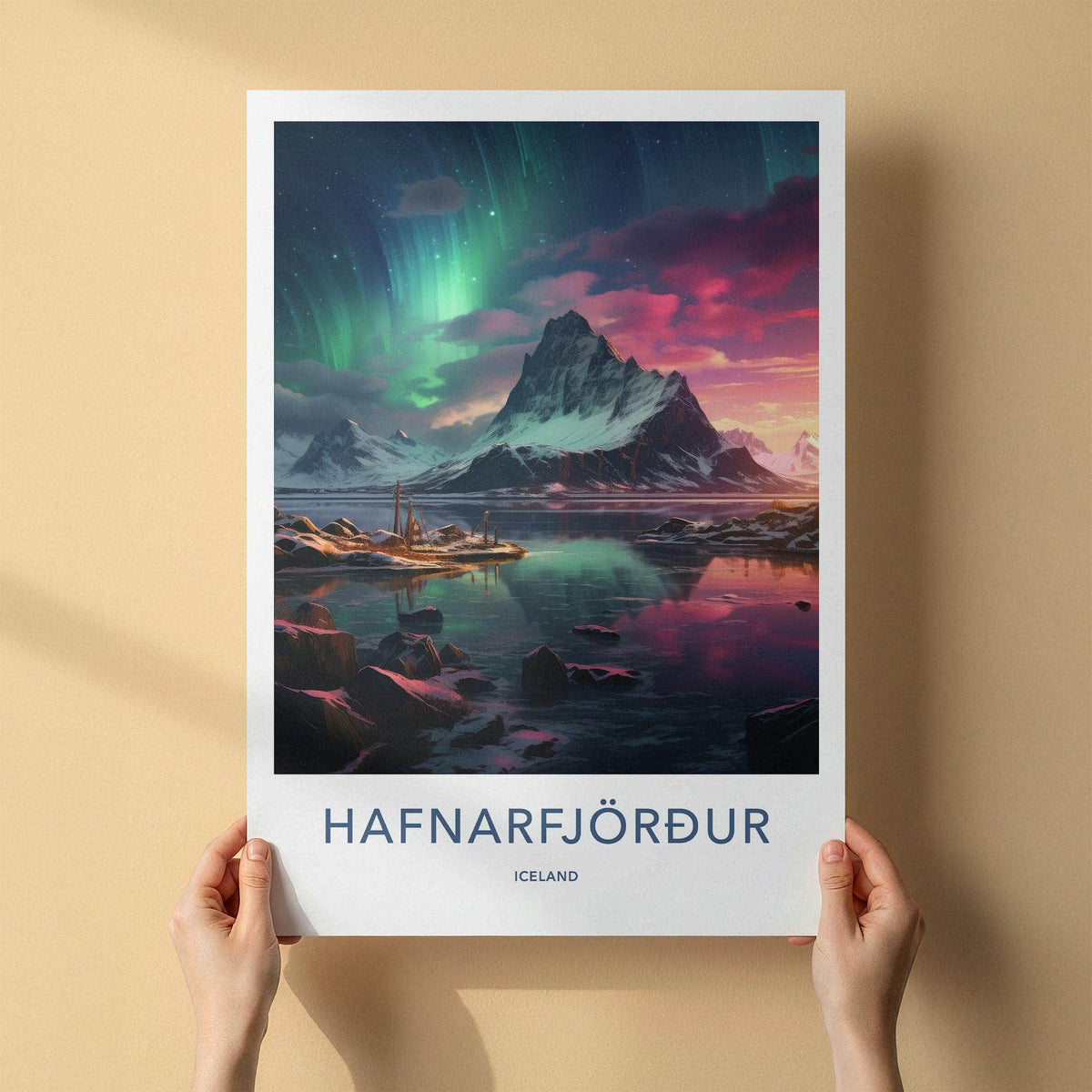 Hafnarfjörður Poster - Iceland Wall Art With Northern Lights & Scenic