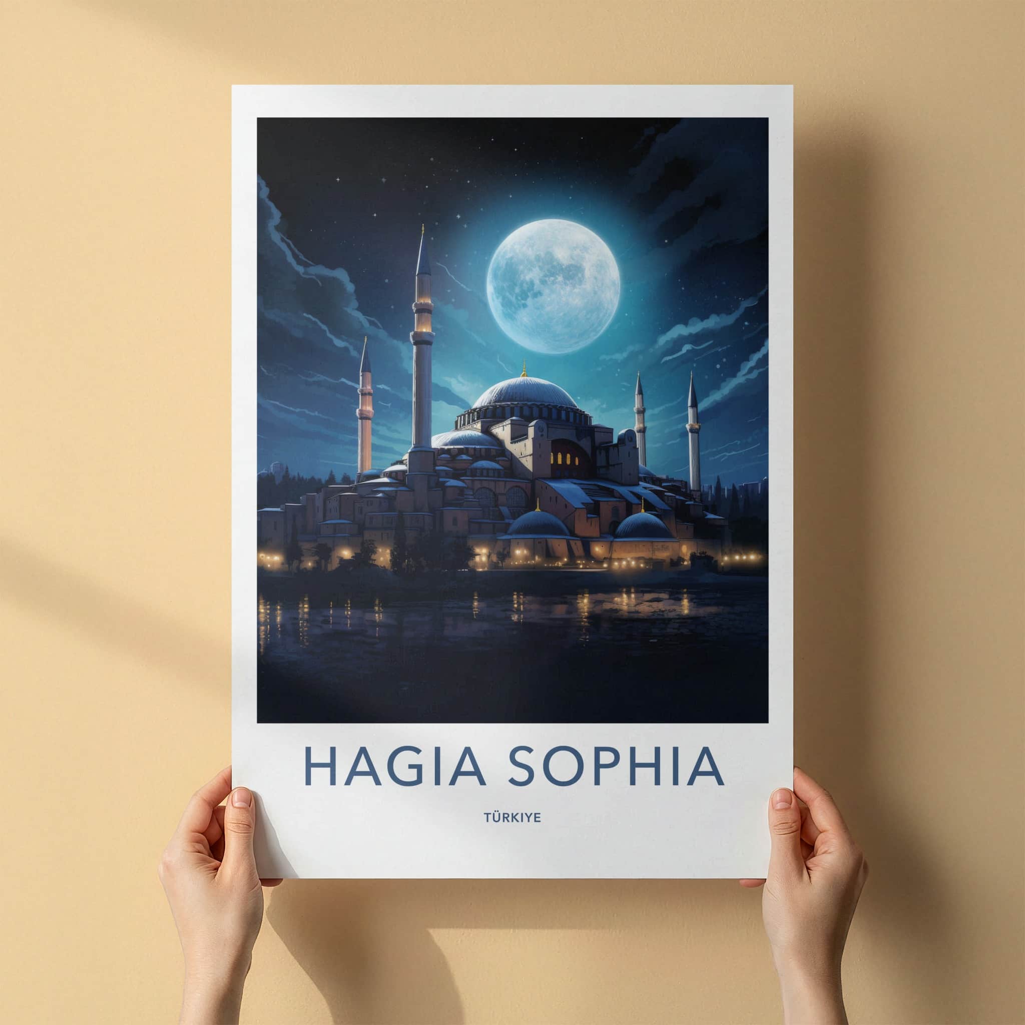 Hagia Sophia Poster - Turkey Travel Art - Full Moon Reflection Wall Decor