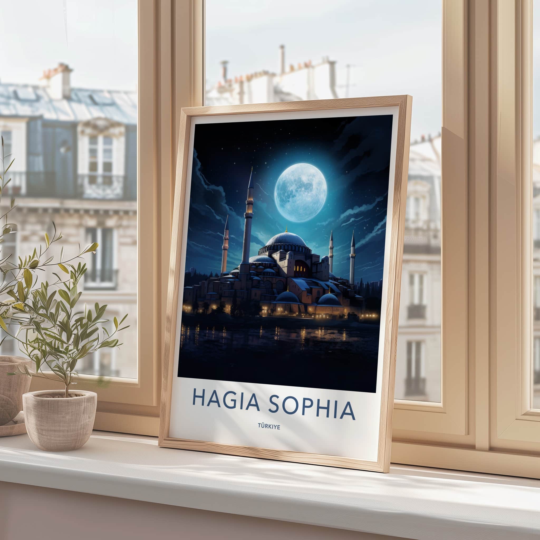 Hagia Sophia Poster - Turkey Travel Art - Full Moon Reflection Wall Decor