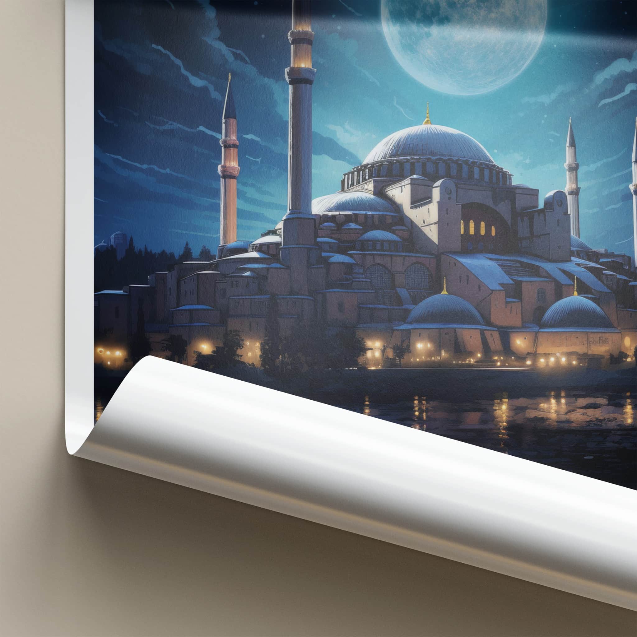Hagia Sophia Poster - Turkey Travel Art - Full Moon Reflection Wall Decor