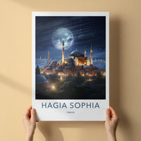 Hagia Sophia Poster - Turkey Travel Art - Illuminated Mosque Night Home Decor