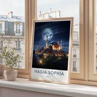 Hagia Sophia Poster - Turkey Travel Art - Illuminated Mosque Night Home Decor