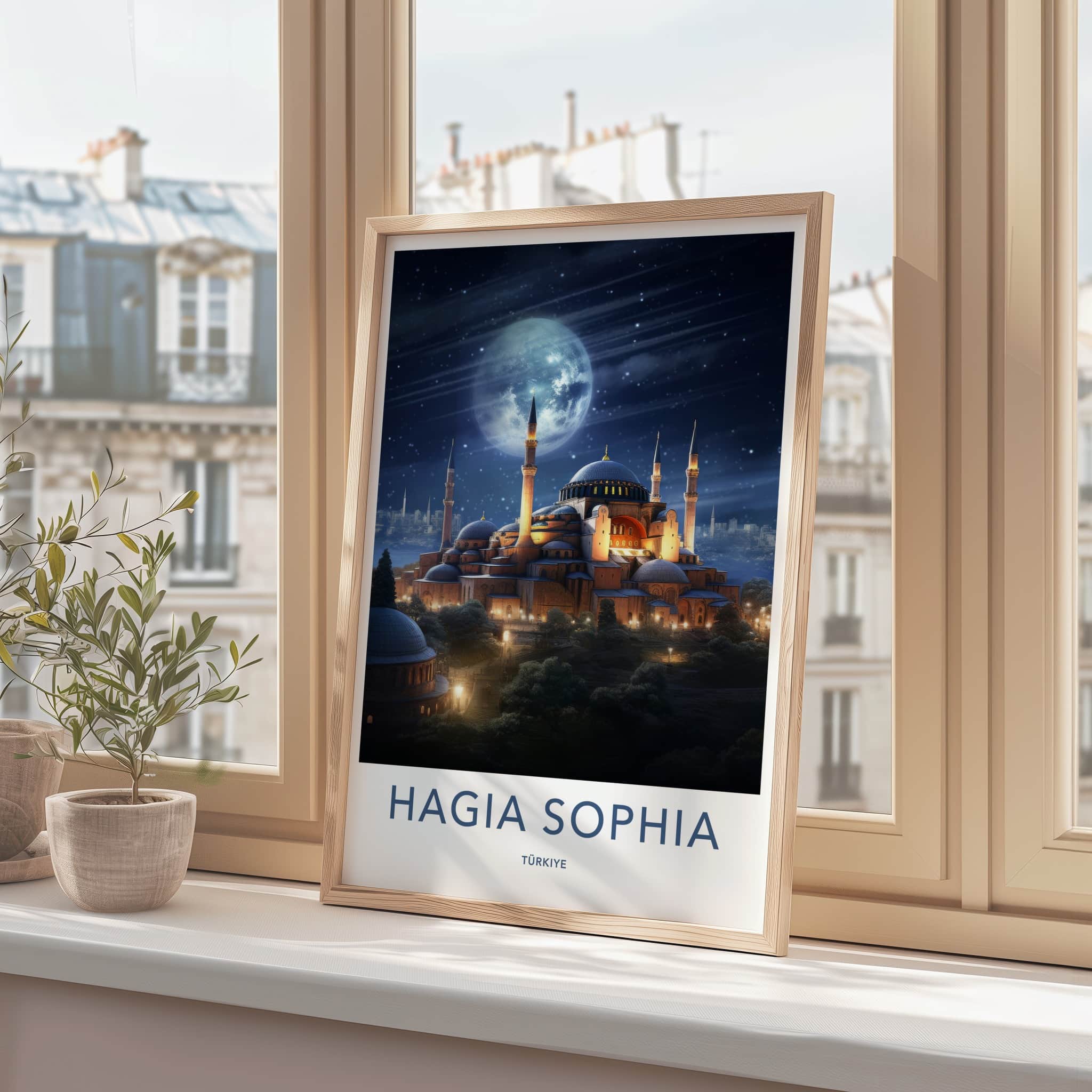 Hagia Sophia Poster - Turkey Travel Art - Illuminated Mosque Night Home Decor