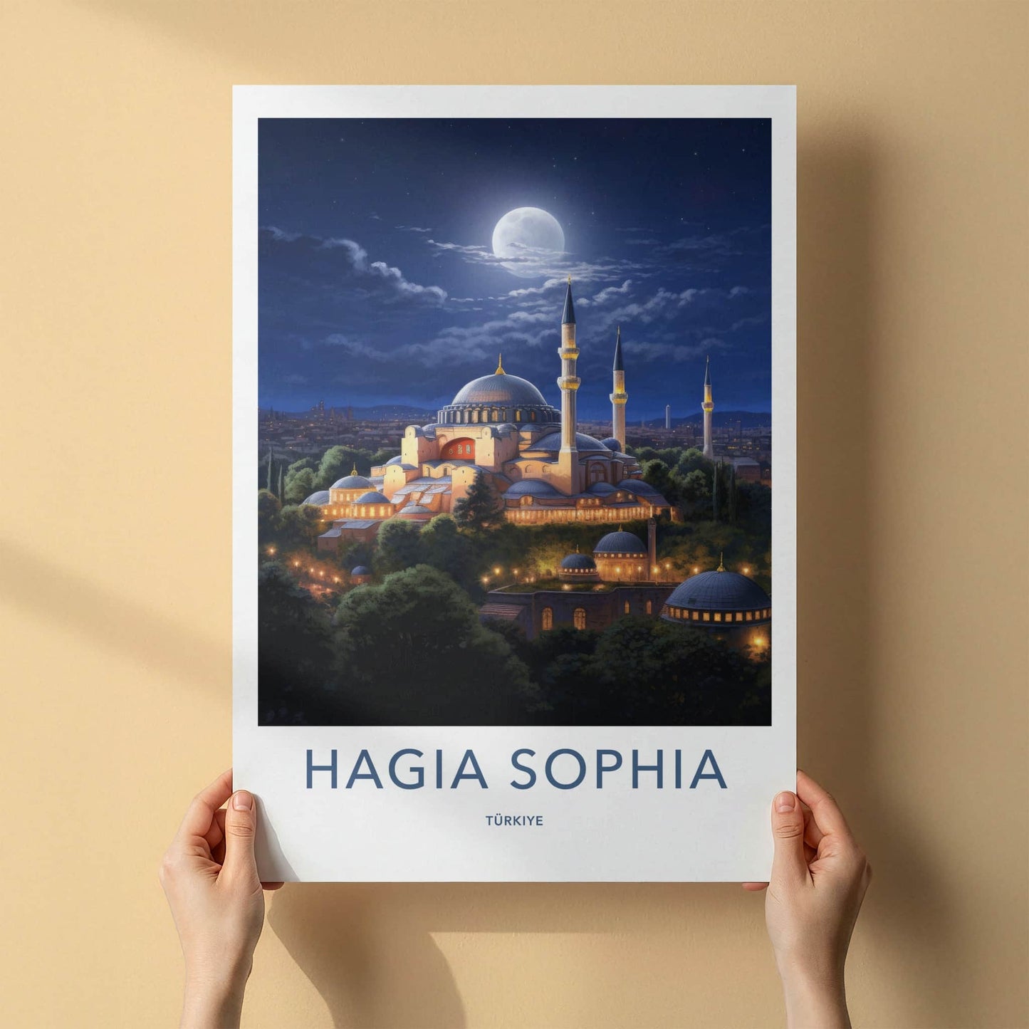 Hagia Sophia Poster - Turkey Travel Art - Moonlit mosque night Home Decor