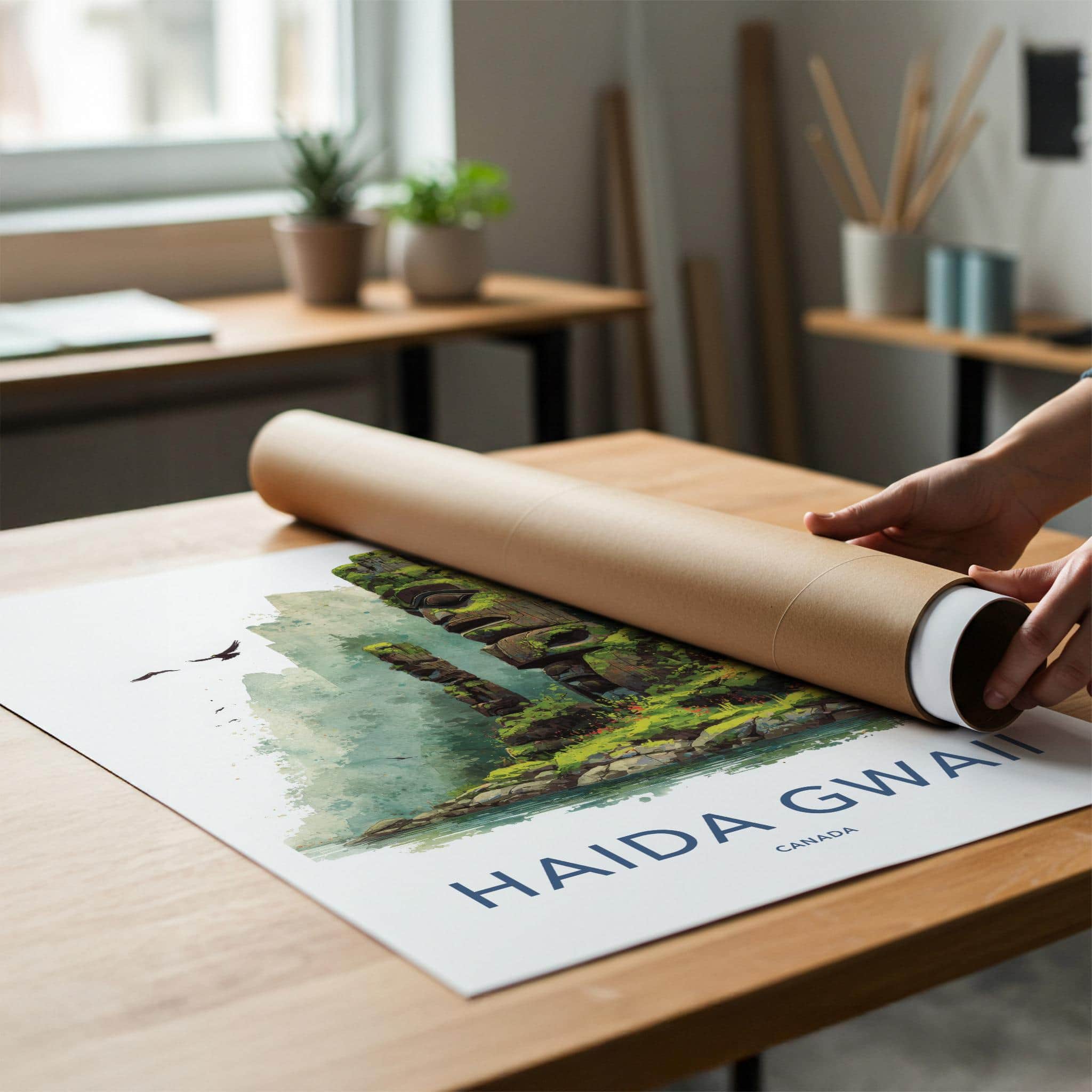 Haida Gwaii Poster - Canada Travel Art - Ancient Totem Poles Wall Decor