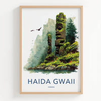 Haida Gwaii Poster - Canada Travel Art - Ancient Totem Poles Wall Decor