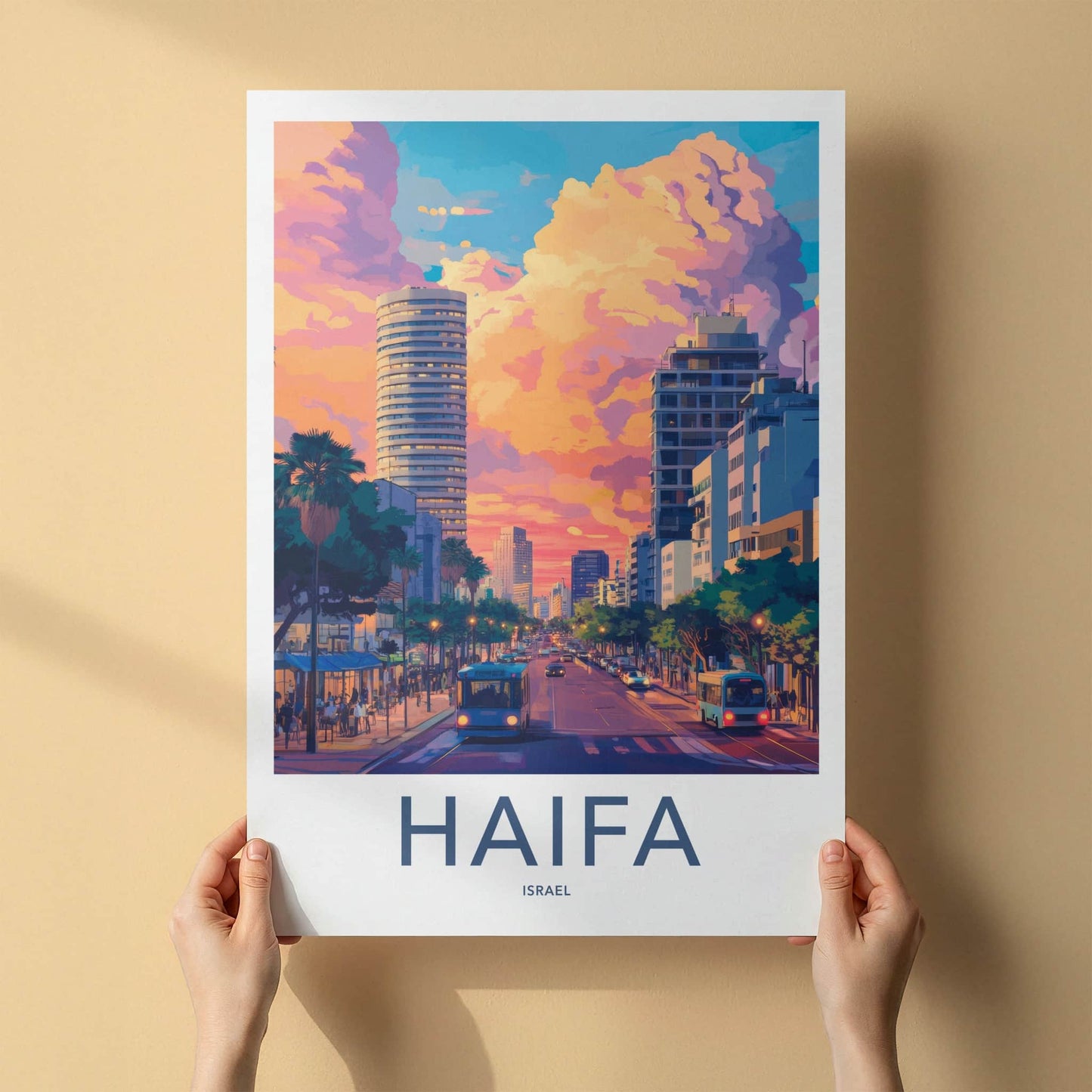 Haifa Poster - Israel Travel Art - Vibrant City Sunset Wall Decor