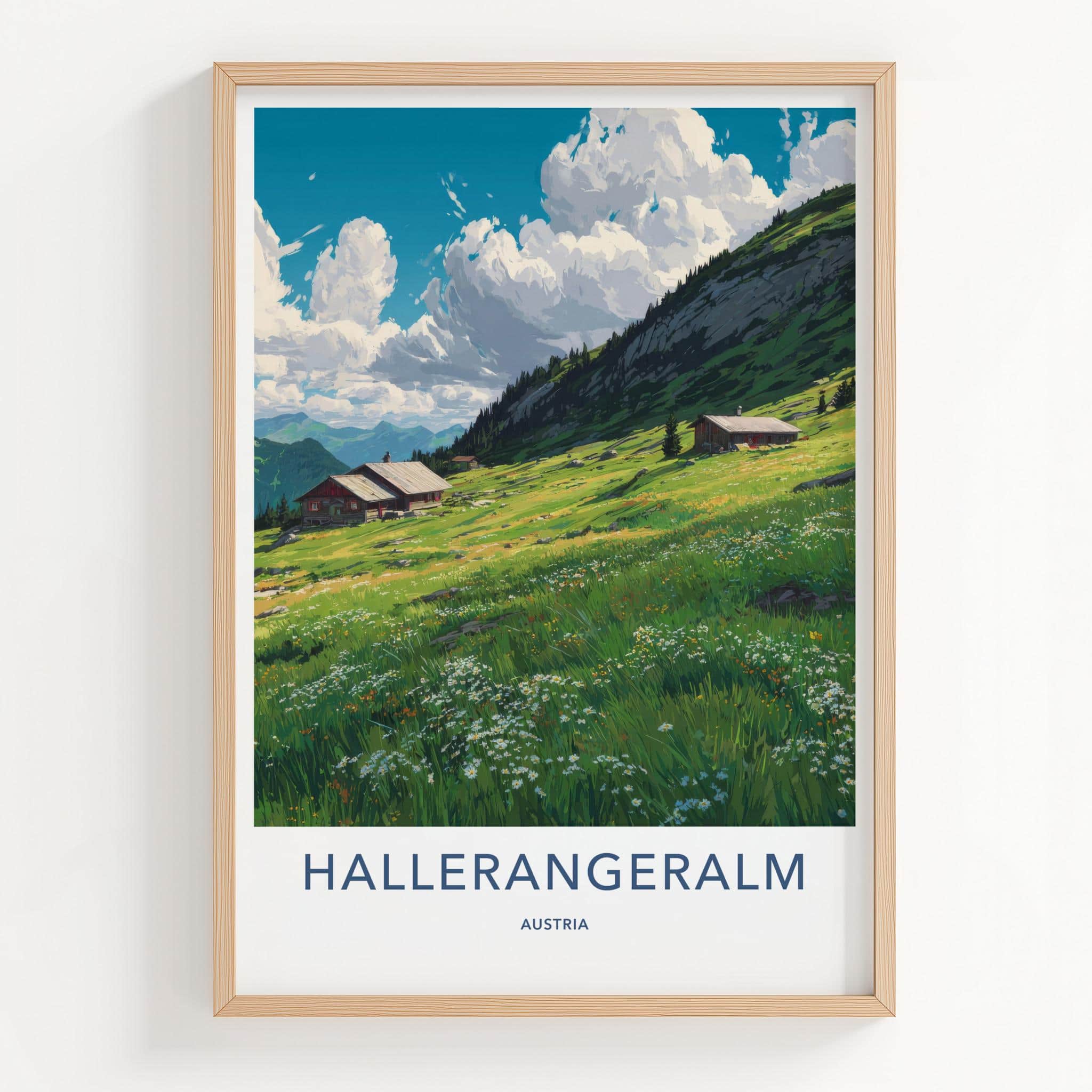 Halleralm Poster - Austria Art Print - Lush Mountain Pasture Wall Decor