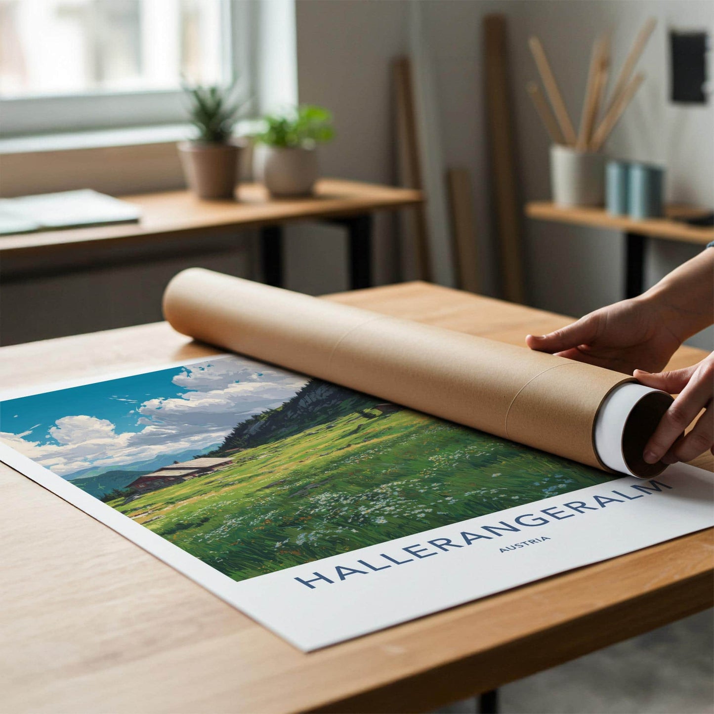 Halleralm Poster - Austria Art Print - Lush Mountain Pasture Wall Decor