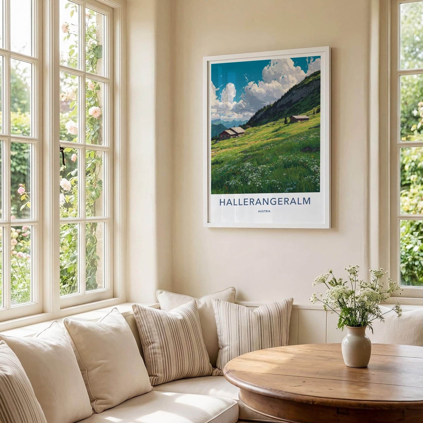 Halleralm Poster - Austria Art Print - Lush Mountain Pasture Wall Decor